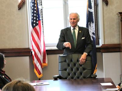South Carolina Gov. Henry McMaster meets with CIU students in the governor's conference room at the Statehouse.