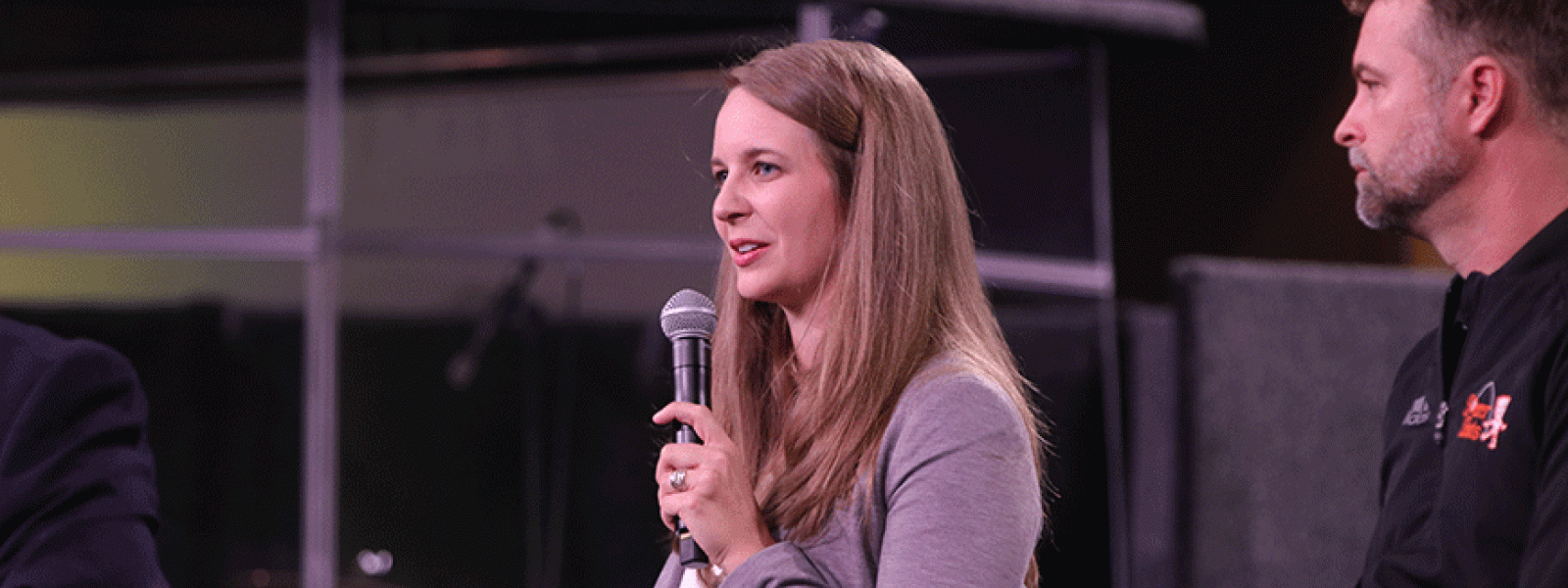Emily Hall and Matt Simmons share their experiences in the Recent Alumni Recognition Chapel.