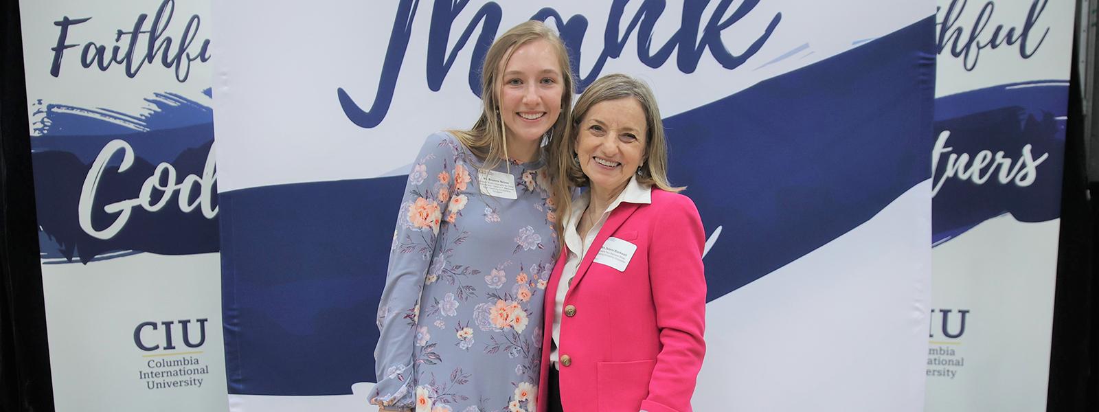 Scholarship recipient Breanne Nelson, who plans on overseas missions work after graduation, poses with scholarship donor Delaine Blackwell, a former CIU board member. (Photos by Alexis Deason, CIU student photographer)