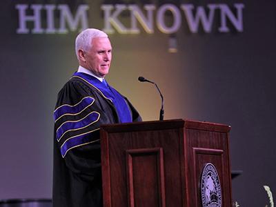 Vice President Mike Pence speaks to graduates in Shortess Chapel.