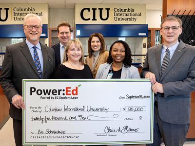 Pictured L to R: Columbia International University Interim President Dr. Rick Christman; Dean of the CIU College of Arts & Sciences Dr. David DeWitt; Power:Ed Executive Director Claire Gibbons; CIU Vice President of University Communications Diane Mull; SC Student Loan Director of Marketing and Outreach Destra Capers; SC Student Loan President & CEO Trey Simon.  