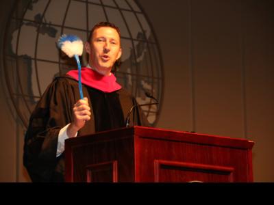 CIU commencement speaker Dr. Jeff Philpott makes a point about being a servant during his commencement address.